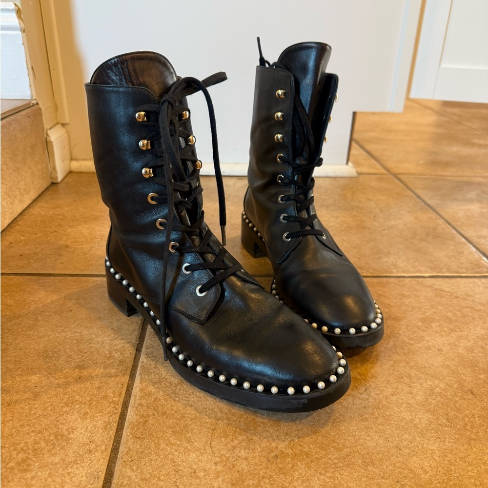Black Leather Sondra Pearl Combat Boots